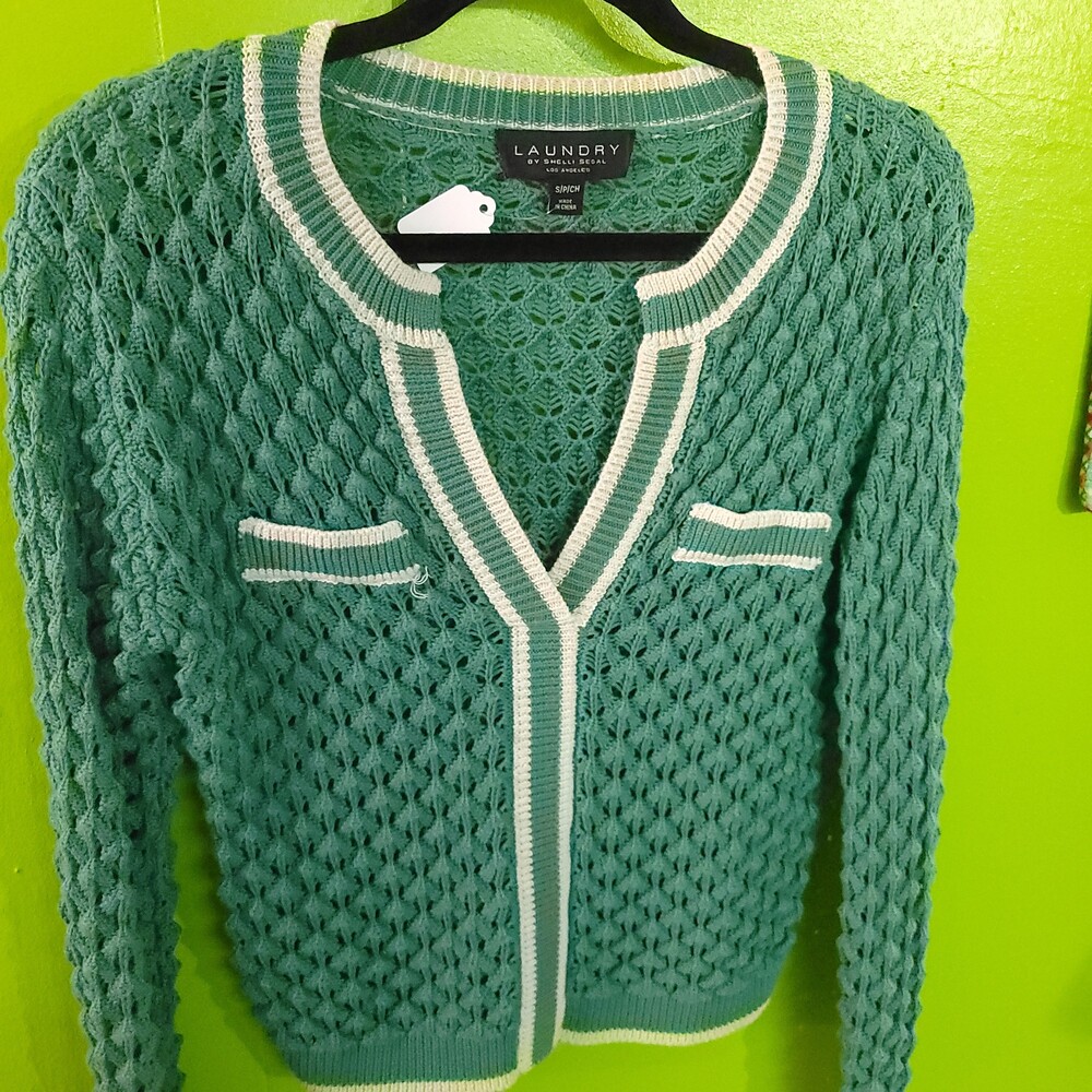 Laundry by Shelli Segal Green Cardigan Small Sweater boho Preppy cottagecore vtg